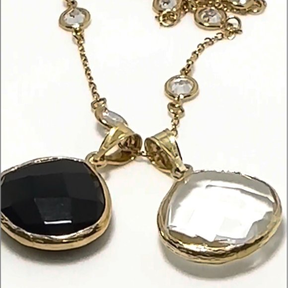 3PCS-BLACK & CLEAR CRYSTAL QUARTZ PENDANTS WITH 1/4 INCH CZ STATIONS NECKLACE - Picture 1 of 4